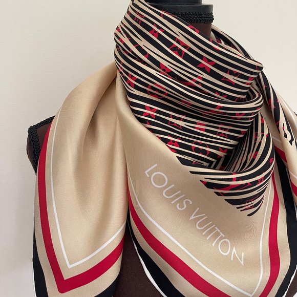 Authentic Louis Vuitton Scarf Monogram Pattern Alma Bag Print Beige Silk Wrap - Picture 16 of 16